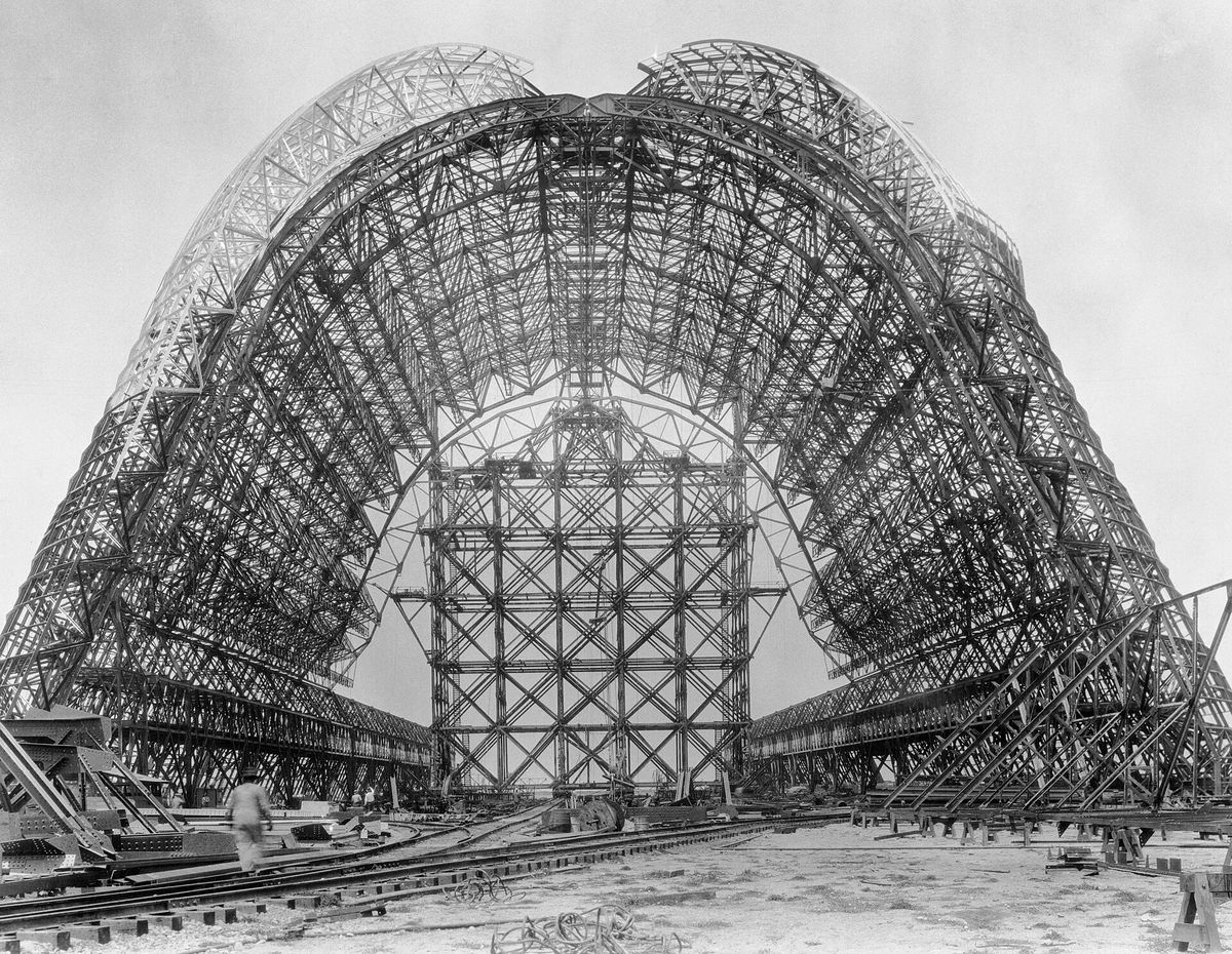 The steel frame of Hangar One under construction in the early 1930s