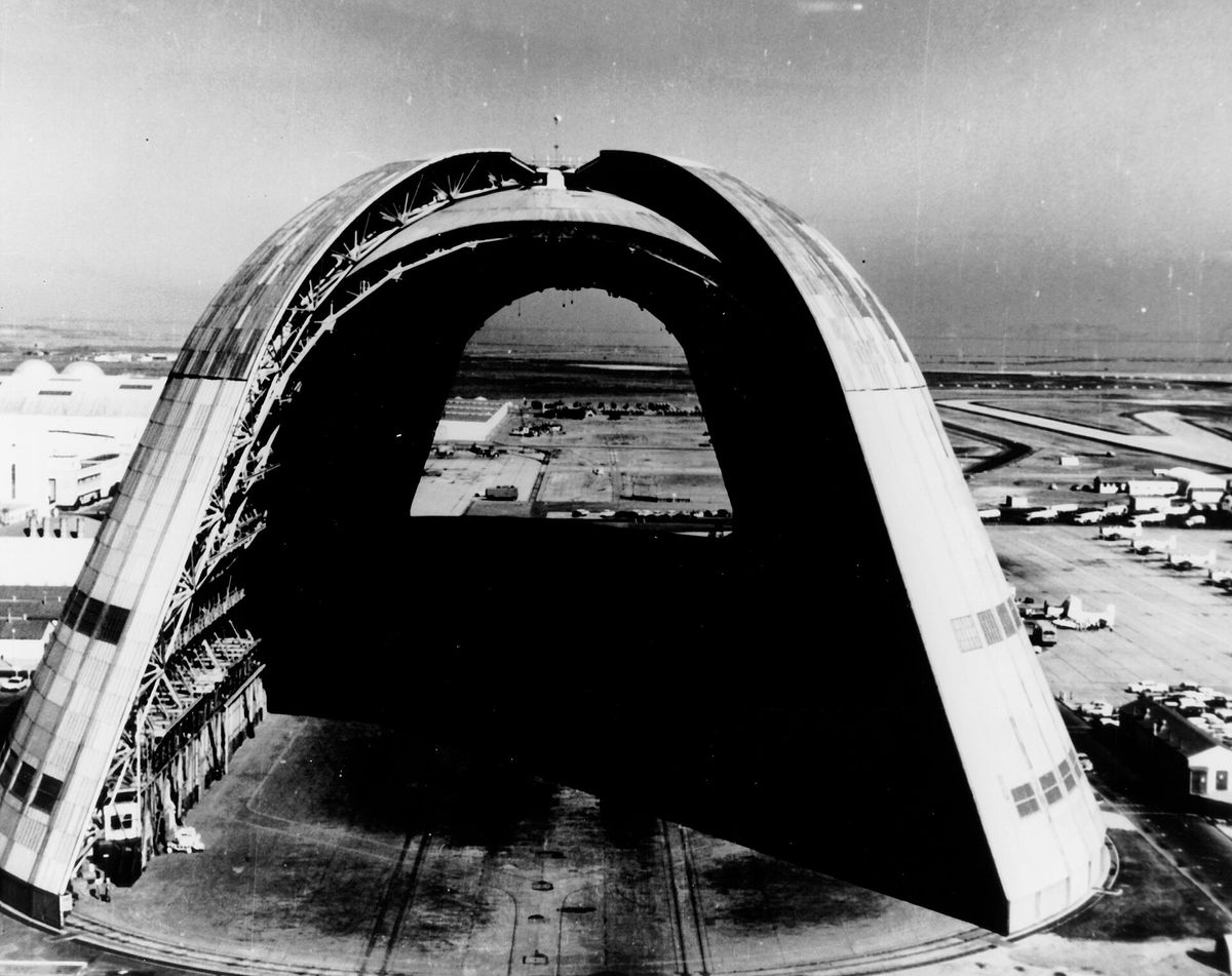 Hangar One in 1963, with its doors open at both ends