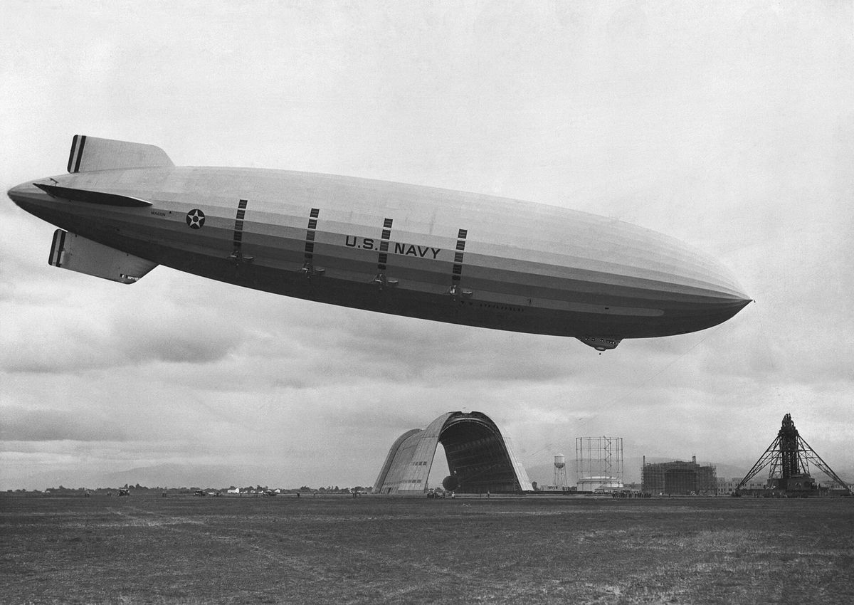 The airship USS Macon moored at Moffett Field in December 1933