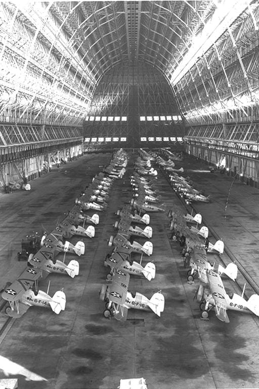 Navy aircraft inside the airship hangar at Moffett Field in 1935