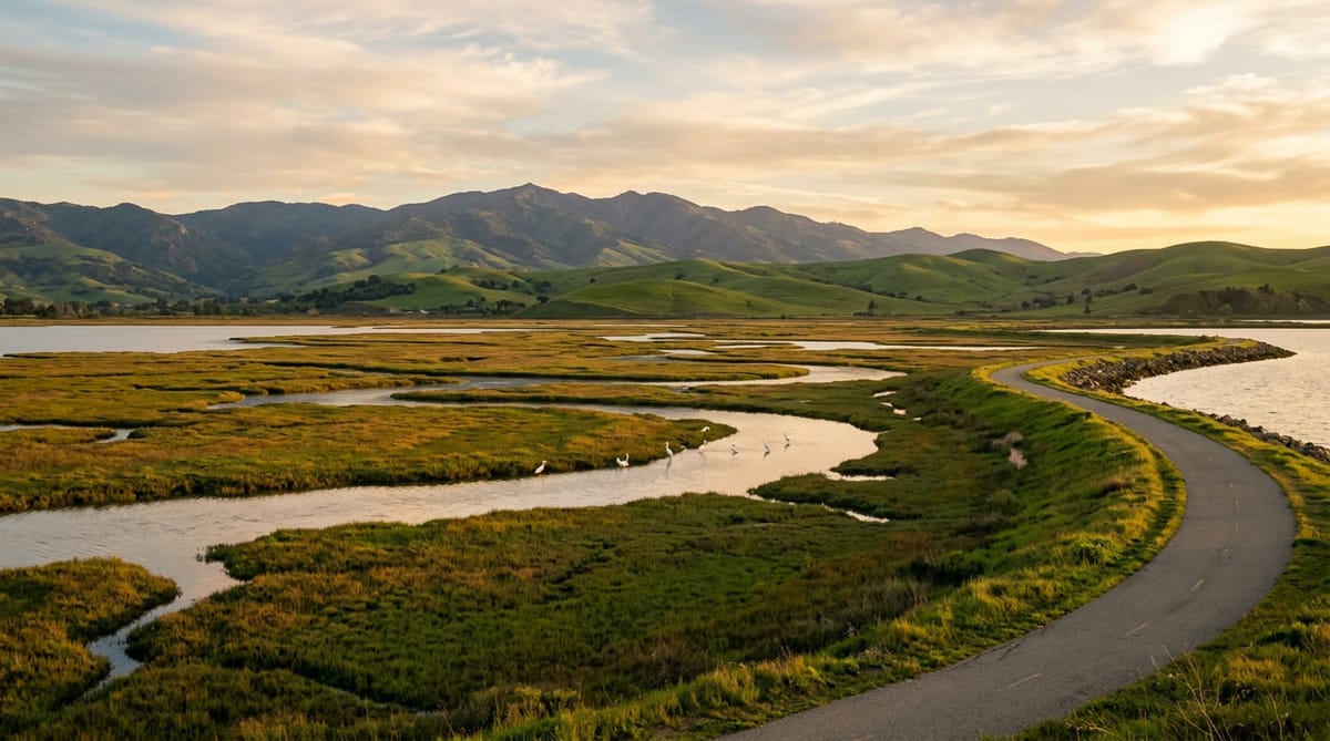 A bayside salt marsh at golden hour, with foothills and mountains beyond