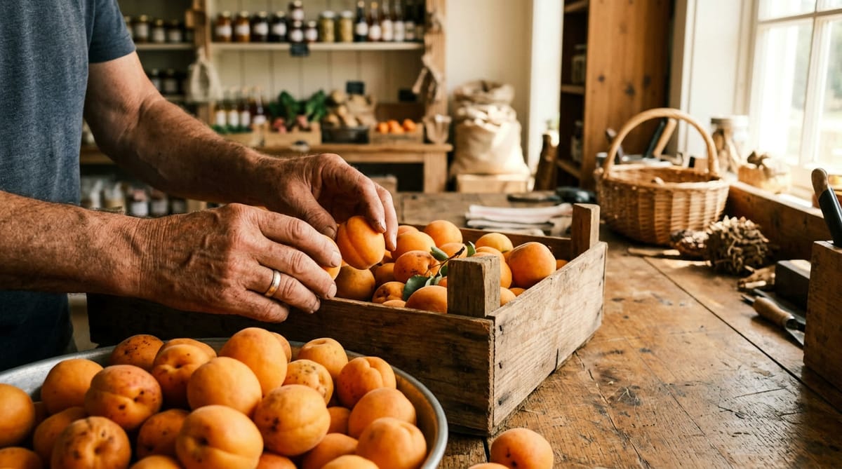 Hands sorting fresh apricots into a wooden crate