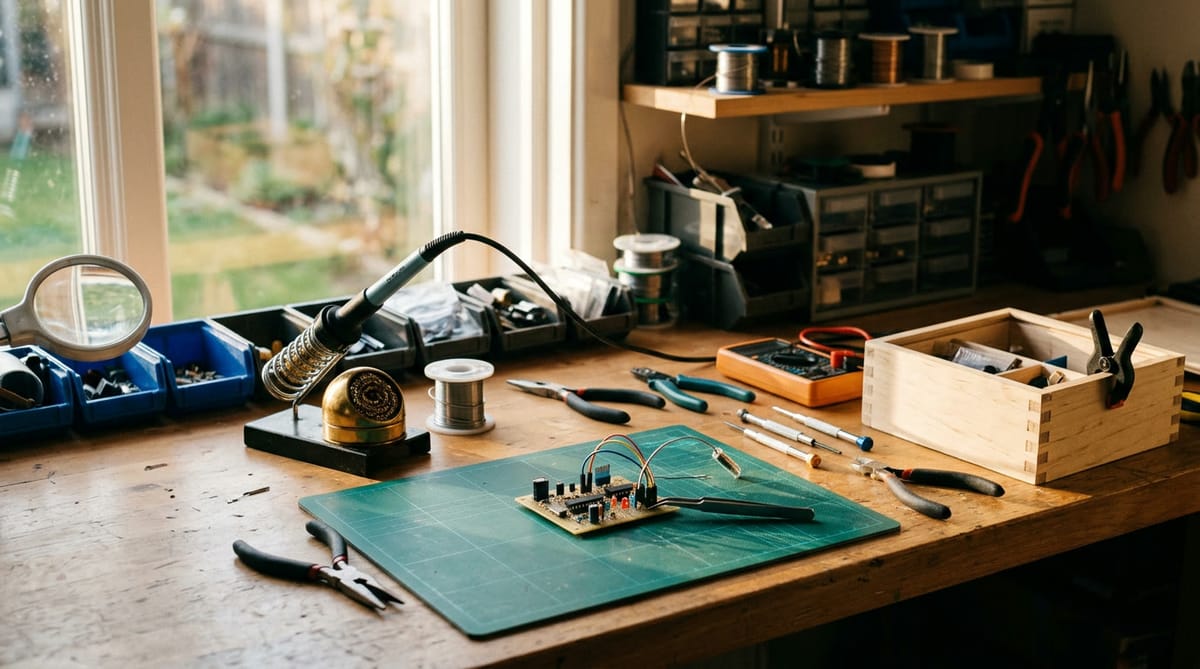 A maker's workbench with hand tools and a small circuit board