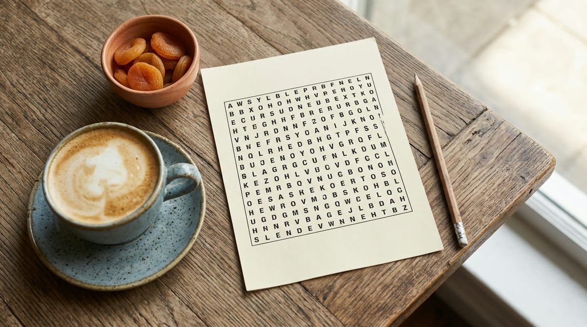 A word search, a pencil, coffee and dried apricots on a café table